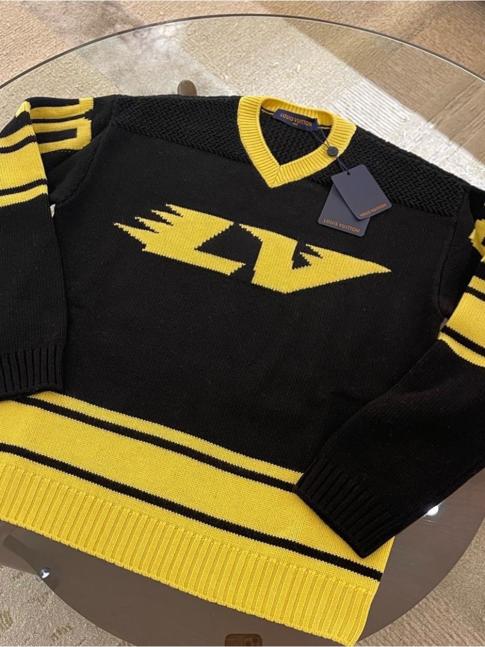 Louis Vuitton Black & Yellow V-Neck Logo Knit Sweater
